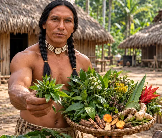 Aruan segurando folhas verdes e uma cesta de plantas medicinais, raízes e ervas em uma aldeia