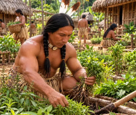 Aruan ajoelhado em uma horta da aldeia, colhendo plantas verdes com raízes e segurando um feixe de ervas recém-colhidas